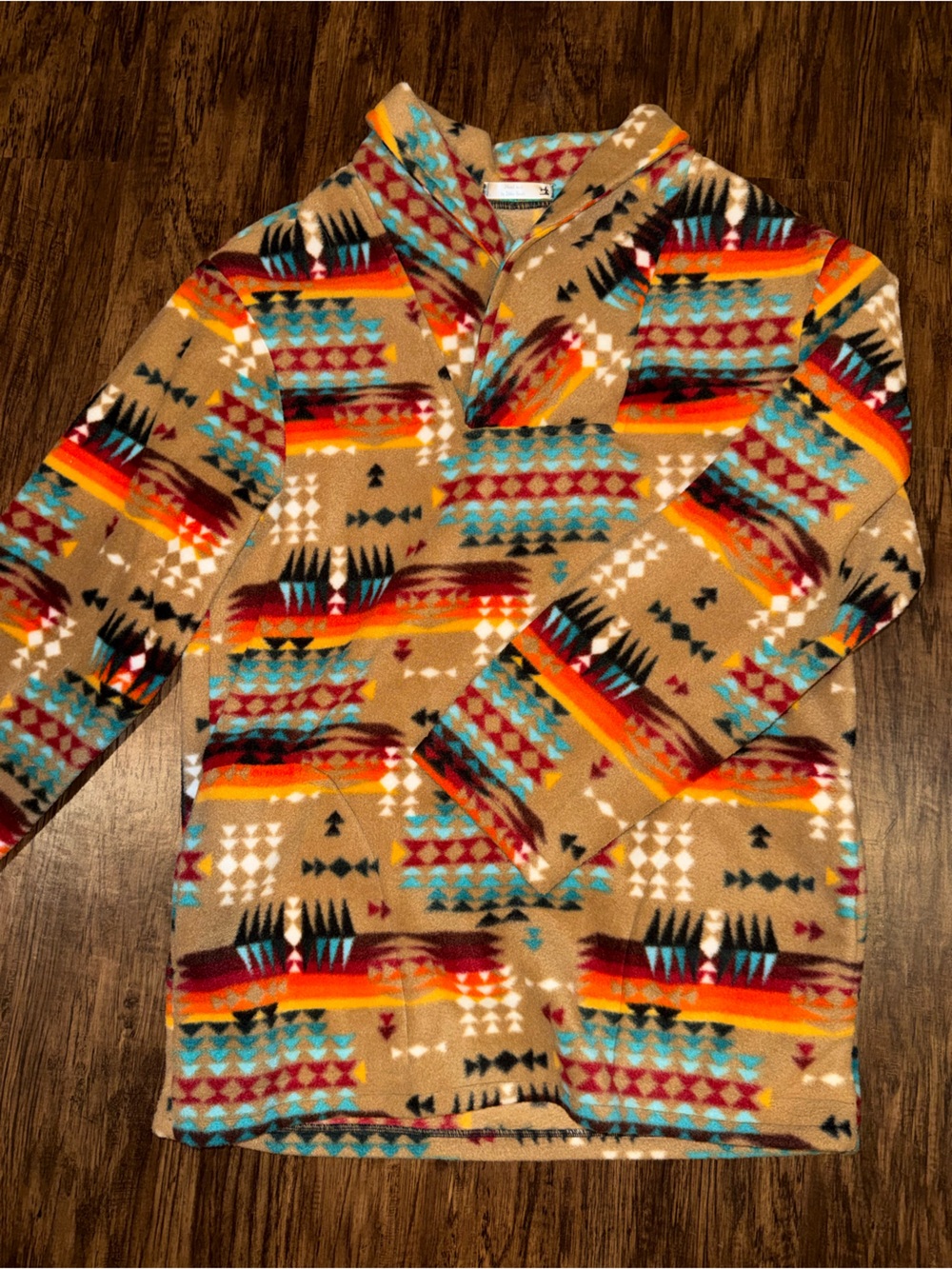 Women’s Southwestern Aztec Print Fleece Pullover Turquoise & Orange Accents